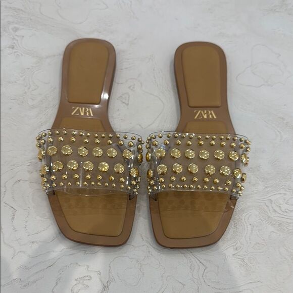 ZARA clear slides gold studs sandals 39 fit like size 8.5 - Picture 4 of 12